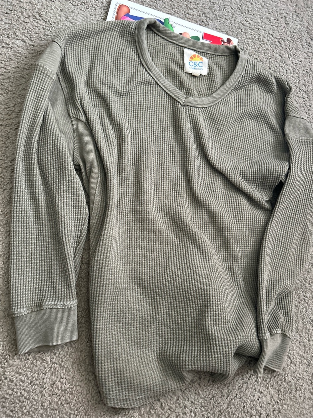C&C California Olive Waffle Knit Long Sleeve Top